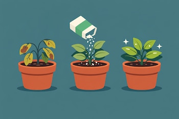 Ilustración de tres macetas en fila: una planta marchita, una recibiendo bicarbonato de un recipiente, y una planta sana con hojas brillantes.