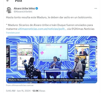 Álvaro Uribe calificó al primer mandatario de Venezuela como un "tonto" - crédito @AlvaroUribeVel
