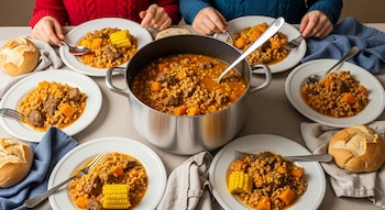 Una gran olla de carbonada con cebada en el centro de una mesa, rodeada por seis platos individuales servidos, pan y manos de personas comiendo.