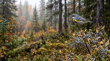 Un ave gris con detalles amarillos posada en una rama llena de bayas azules sostiene un fruto en el pico, con un bosque con niebla al fondo.