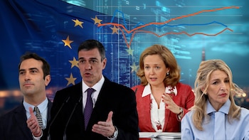 Carlos Cuerpo, Pedro Sánchez, Nadia Calviño y Yolanda Díaz. (Montaje Infobae)