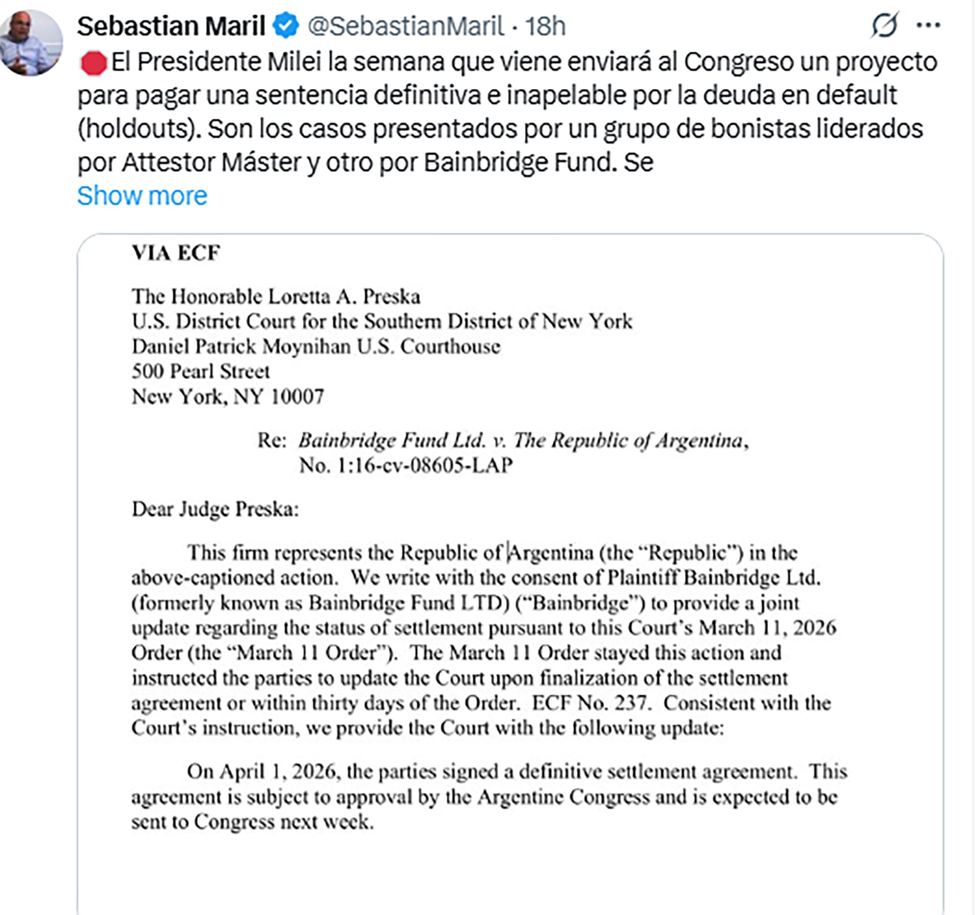 El presidente Javier Milei presentará un proyecto de ley al Congreso para pagar la sentencia definitiva por la deuda con 'holdouts', según un documento judicial que confirma un acuerdo de conciliación.