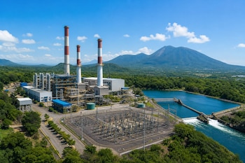 Vista aérea de una planta industrial con tres chimeneas, una subestación eléctrica, un río con represa y un volcán al fondo.