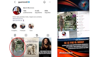 Captura de pantalla de un perfil de Instagram, con la foto de Paolo Guerrero, un post de Alondra García Miró y un gráfico con el texto "¿Se le fue el dedo?"