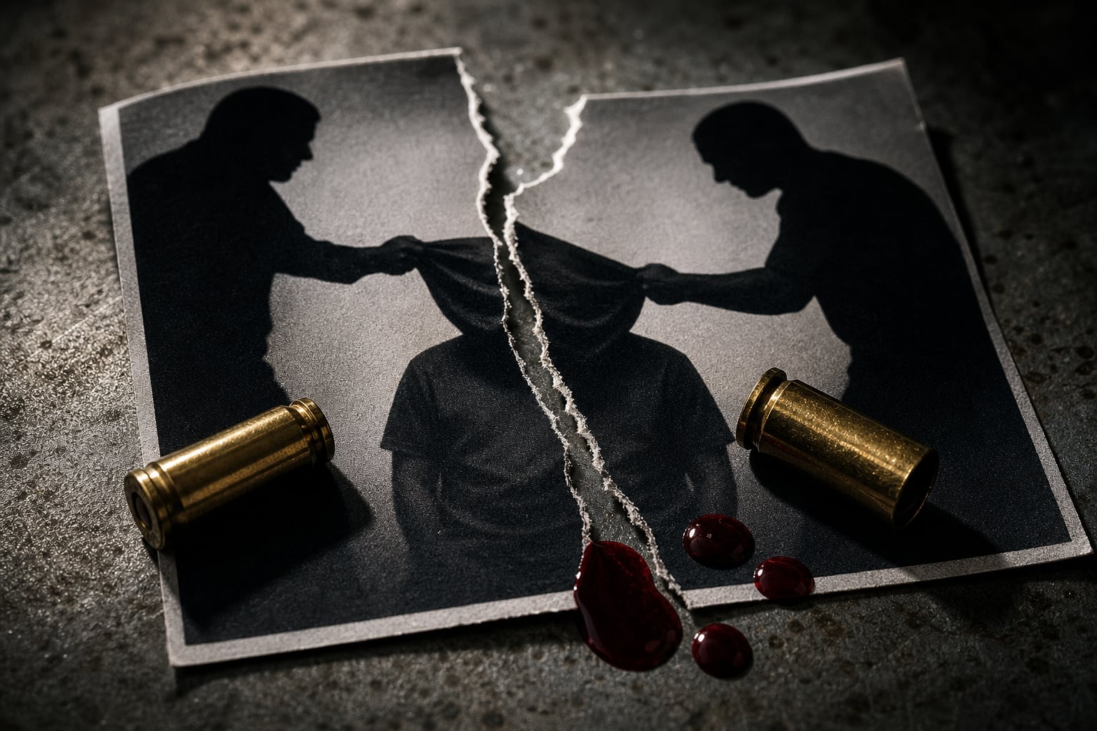 Una fotografía rota con la imagen de una agresión yace sobre una superficie metálica junto a dos casquillos de bala y gotas de sangre. (Imagen Ilustrativa Infobae)