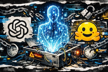 Caja con circuitos y cables, figura de inteligencia artificial. Logos OpenAI, Hugging Face. Cadenas, candado rotos, relojes y cartel de intrusión.