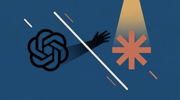 Imagem com os logotipos OpenAI (preto) e Antrópico (terracota) separados por linhas diagonais sobre fundo azul. As sombras das mãos são exportadas do OpenAI para o Anthropic, o que é explicado.