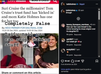 Katie Holmes desmintió que Tom Cruise le entregara un fondo universitario a su hija.