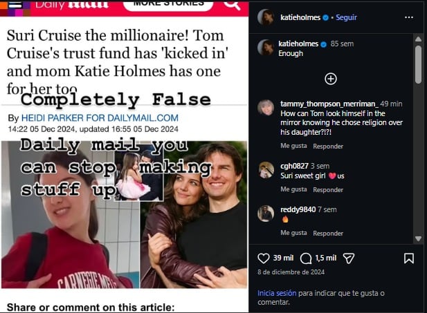 Katie Holmes desmintió que Tom Cruise le entregara un fondo universitario a su hija.