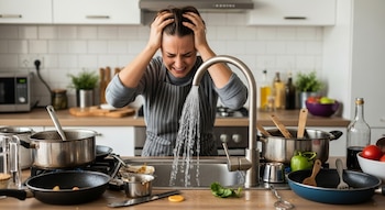 Mujer con delantal gris se agarra la cabeza con expresión de estrés frente a un fregadero con grifo abierto en una cocina con muchos utensilios sucios.