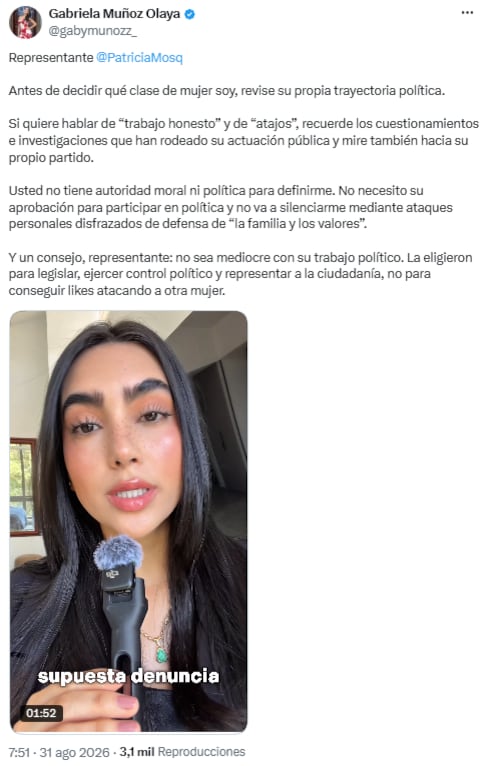 Gabriela Muñoz confronta a Nelly Patricia Mosquera tras acusaciones en redes y señala investigaciones pasadas - crédito @gabymunozz_/X