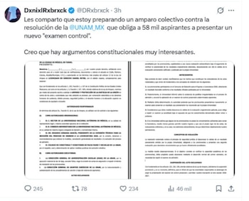 Difunden en redes convocatoria para amparo colectivo contra examen de control de la UNAM. | X- @DRxbrxck