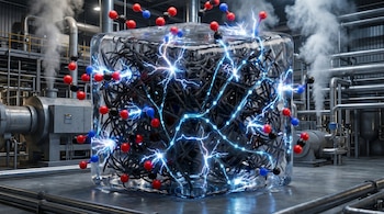 Un dispositivo cúbico transparente con fibras negras y destellos eléctricos se encuentra en una fábrica. Moléculas de CO₂ y NOₓ se acercan, mientras se ven tuberías y humo.