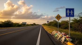 Carretera asfaltada con marcas viales amarillas y blancas, vegetación lateral, señales de tránsito, ofrendas florales y cielo parcialmente nublado al atardecer.