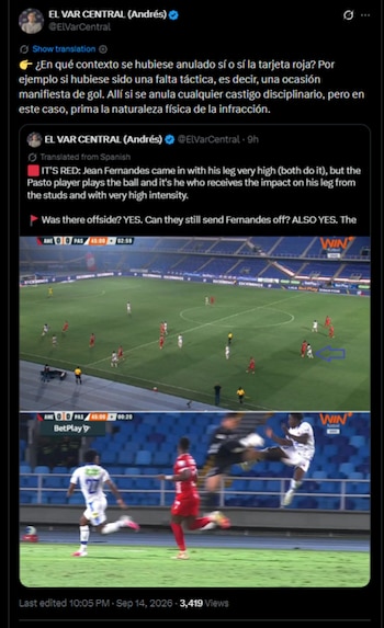 La jugada ocurrió cuando el partido entre América de Cali y Deportivo Pasto llegaba al descanso con empate 0-0-crédito @ElVarCentral/X