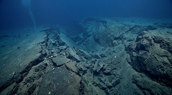 Fondo marino de rocas oscuras con una grieta profunda, bloques de piedra fracturados y sedimento fino.