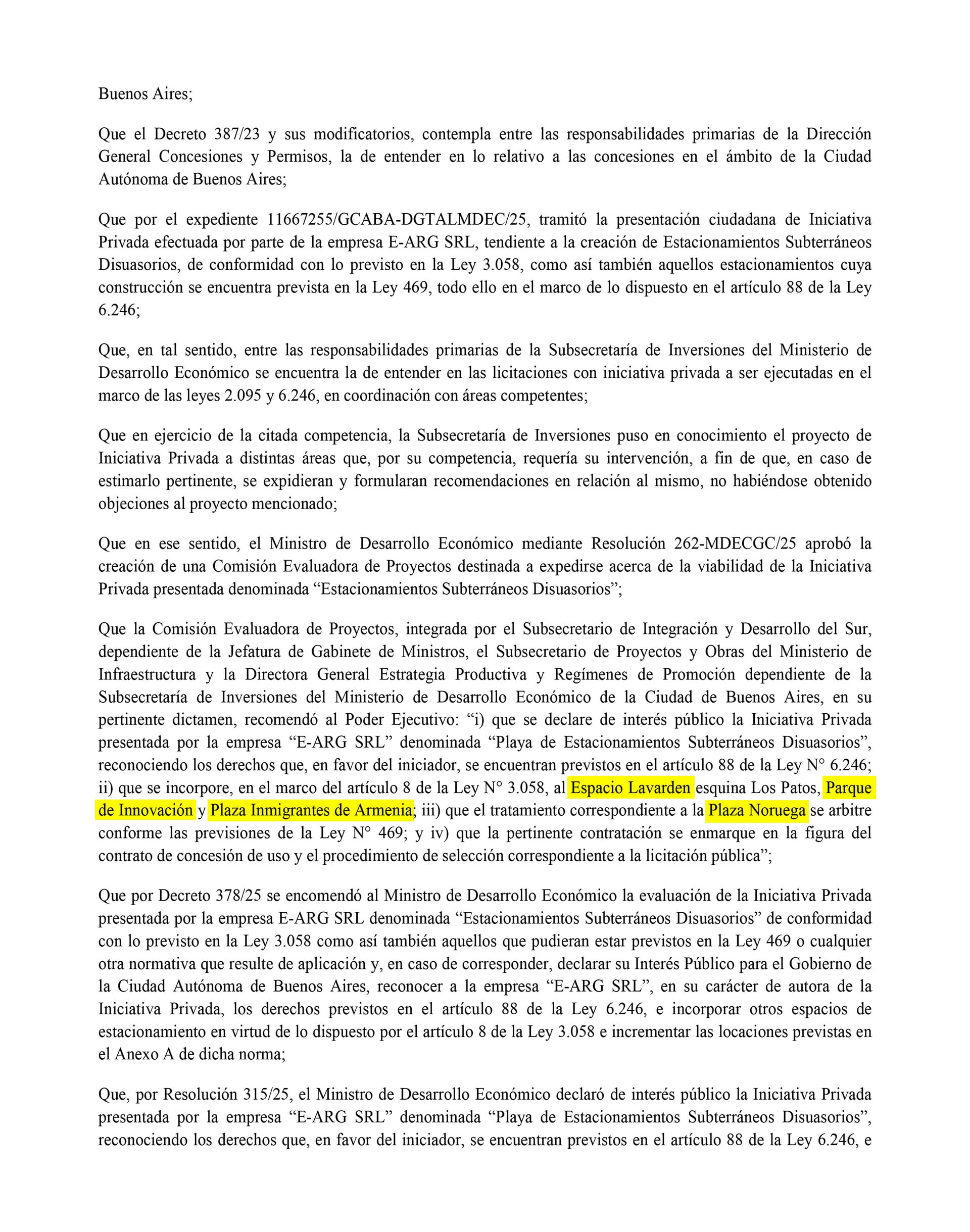 Un fragmento de la licitación del GCBA en donde figuran cuatro de los cinco lugares en donde estarán los estacionamientos subterráneos.