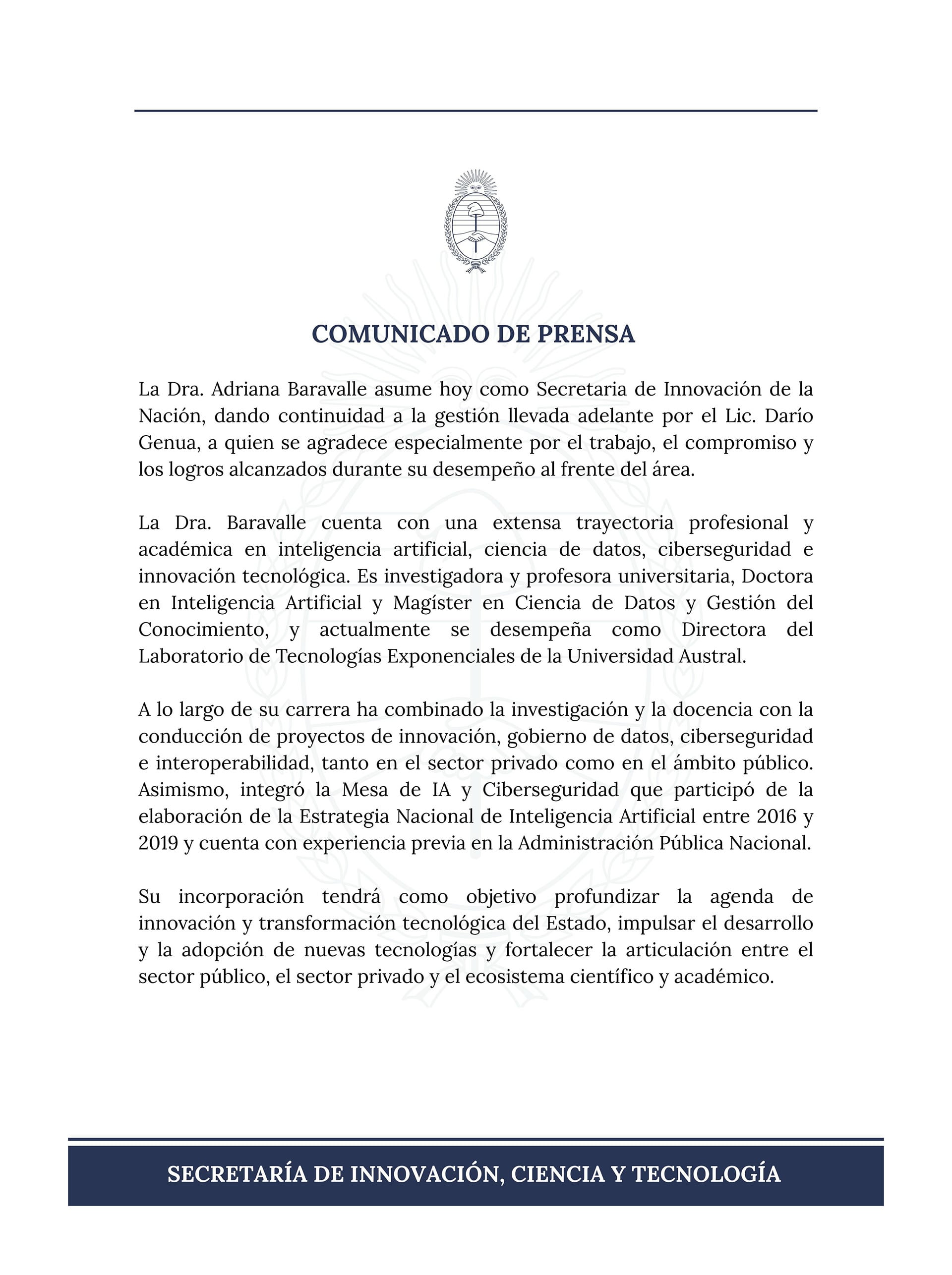 El comunicado oficial sobre la designación de Baravalle