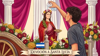 Ilustración de un hombre que vierte agua de una jarra sobre una estatua de Santa Lucía rodeada de flores, con una bandera de Honduras.
