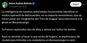 Jaime Andrés Beltrán negó presencia del Tren de Aragua en Bucaramanga - crédito @soyjaimeandres/X