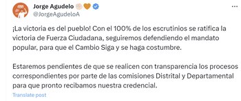 Jorge Agudelo celebró resultados de escrutinios en Santa Marta - crédito @JorgeAgudeloA/X