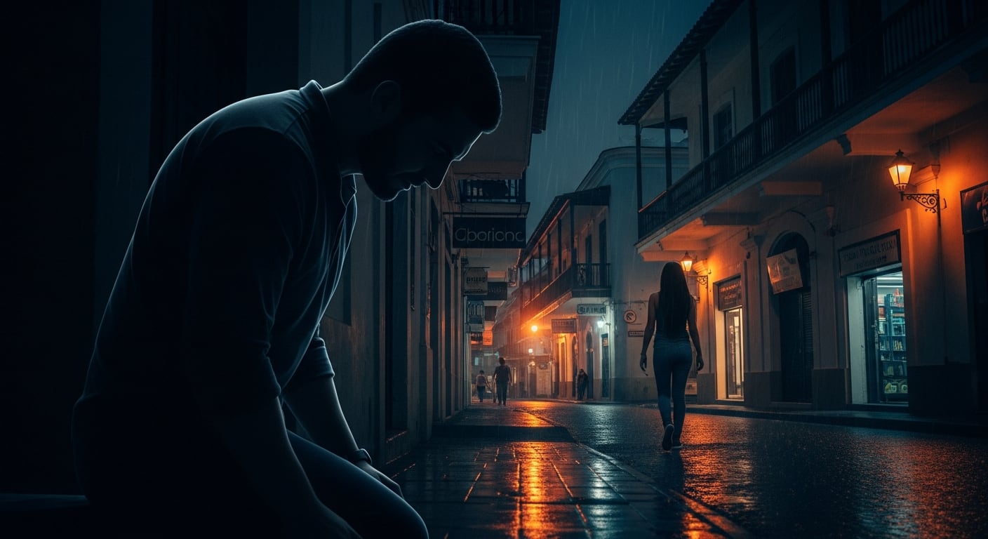 La sombra de un hombre se cierne mientras una mujer camina por una calle mojada de Panamá, ilustrando la inseguridad que aumenta en el país. (Imagen Ilustrativa Infobae)