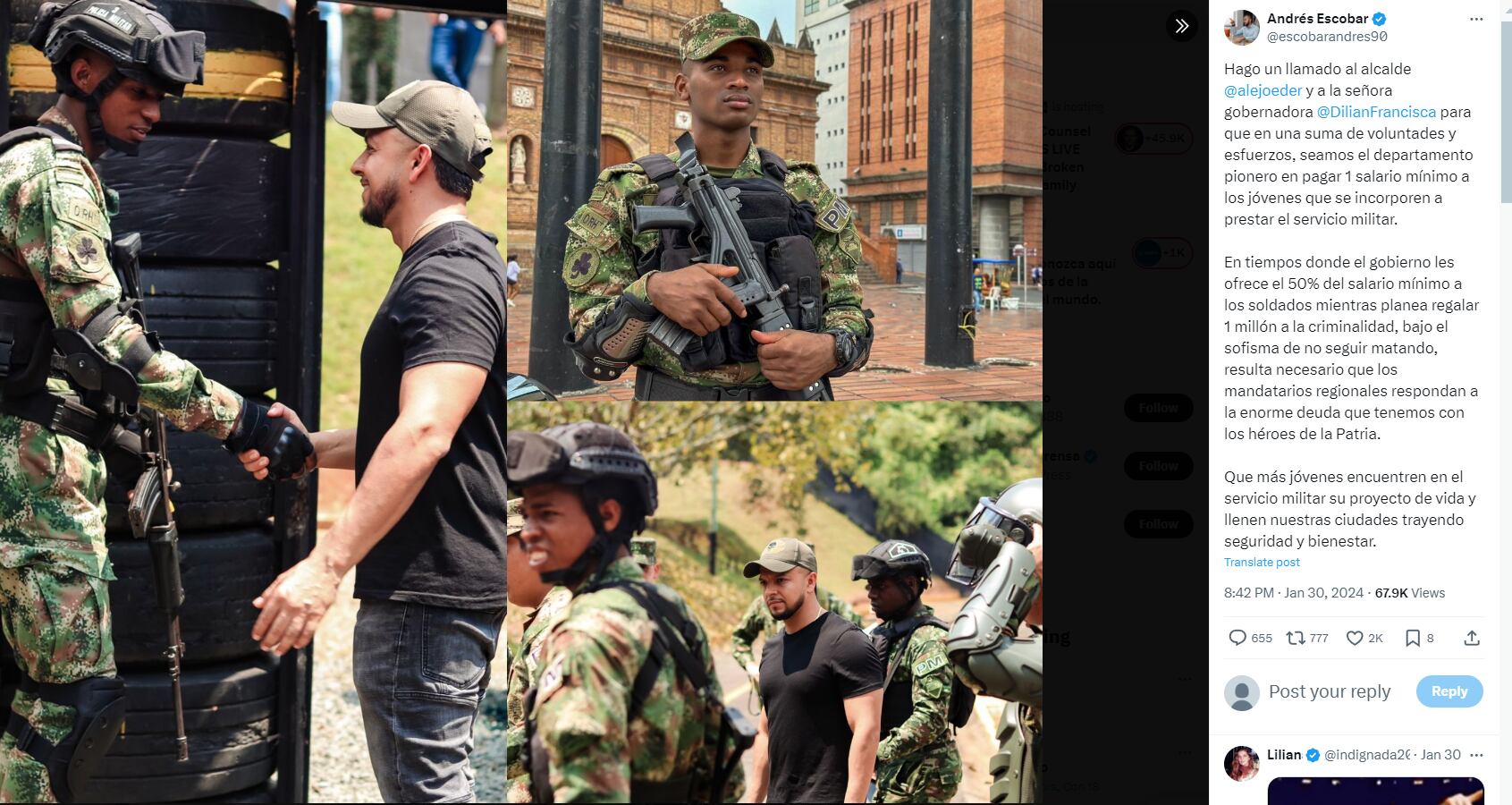 Publicación de Andrés Escobar con uniformados del Batallón de la Tercera Línea del Ejército - crédito @escobarandres/X