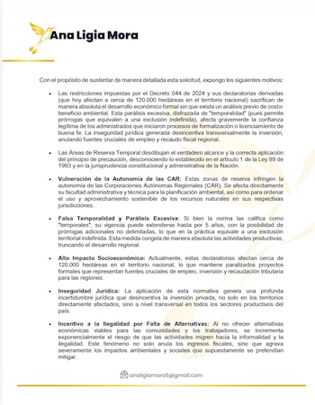 La carta de Ana Ligia Mora afirma que el Decreto 0044 de 2024 afecta cerca de 120.000 hectáreas con restricciones que pueden prorrogarse hasta cinco años o más - crédito Ana Ligia Mora /X