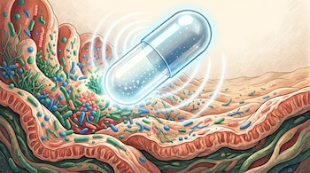 Una cápsula médica transparente y brillante flota sobre un tejido celular poblado por pequeños microorganismos de colores.