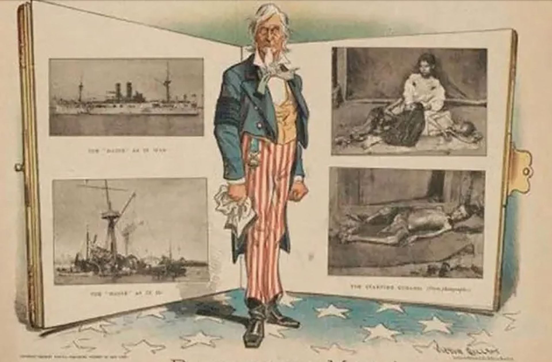 Esta imagen es una caricatura política estadounidense titulada “Remember the Maine! And Don’t Forget the Starving Cubans!” (“¡Recuerden el Maine! ¡Y no olviden a los cubanos hambrientos!”). Fue ilustrada por el reconocido caricaturista político Victor Gillam. Salió a la luz el 7 de mayo de 1898 en la popular revista satírica estadounidense Judge