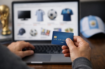 Mano de persona sosteniendo una tarjeta de crédito azul frente a la pantalla desenfocada de una computadora portátil con productos, trofeo y gorra.