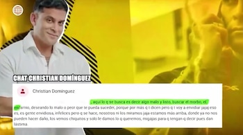 Captura de pantalla de Christian Domínguez con camisa blanca, sonriendo ligeramente, junto a un recuadro de chat con su nombre y un mensaje