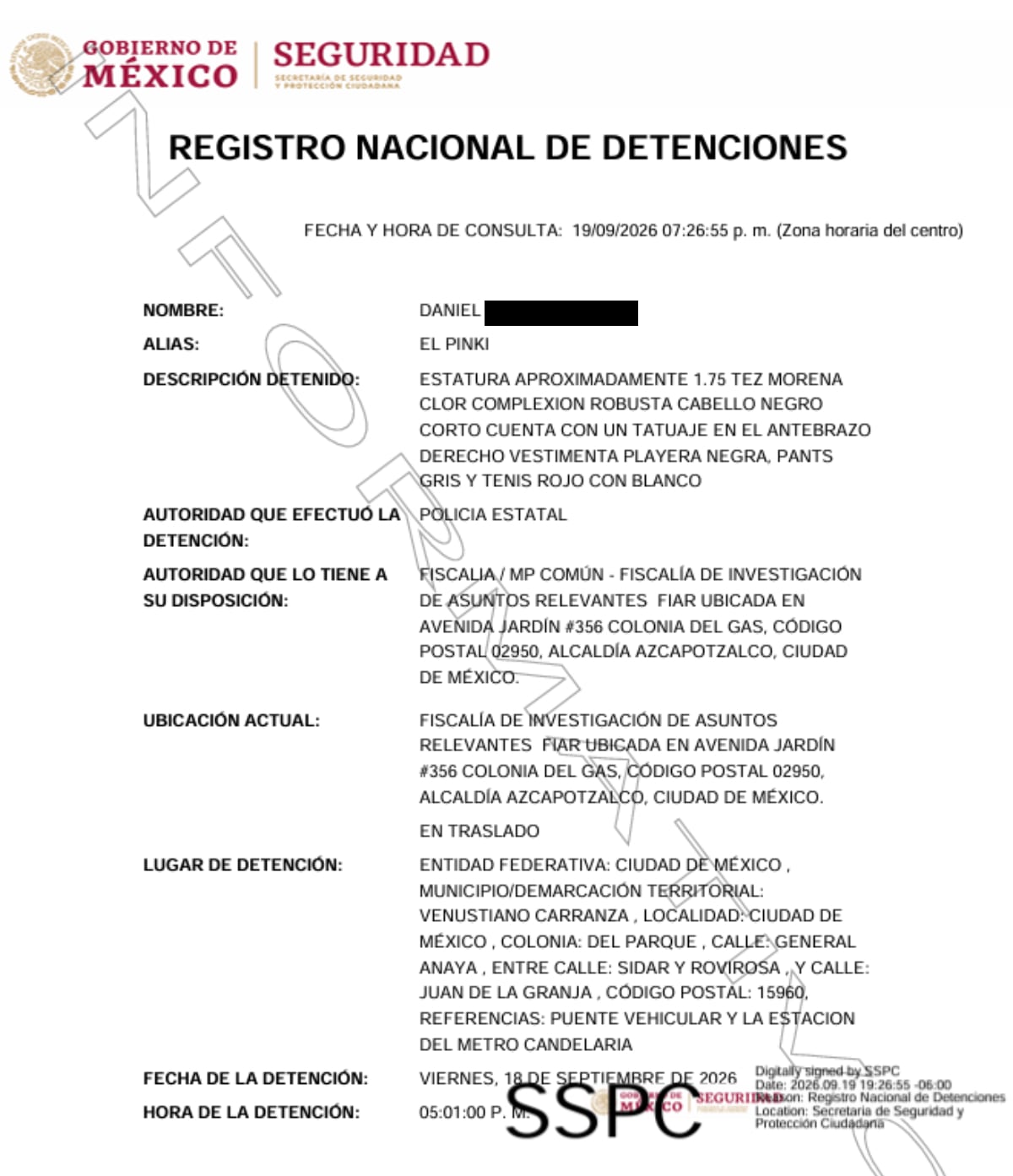 Ficha emitida tras la captura de El Pinki. Crédito: RND