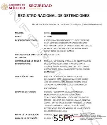 Ficha emitida tras la captura de El Pinki. Crédito: RND