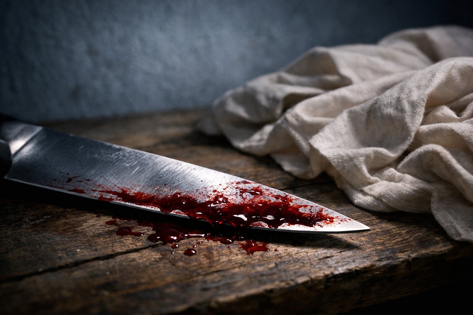 Un cuchillo de cocina con sangre reposa sobre una mesa de madera rústica junto a una prenda clara, evocando una escena de crimen. (Imagen Ilustrativa Infobae)