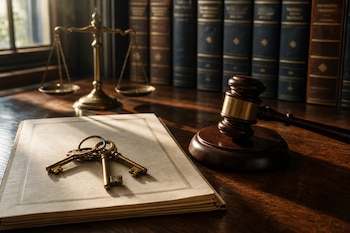 Llaves de bronce sobre un documento, un mazo de madera, una balanza de justicia y libros encuadernados sobre un escritorio de madera.