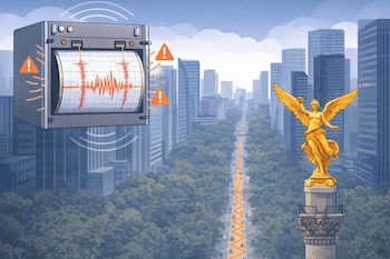 Ilustración de un sismógrafo con ondas sísmicas y alertas sobre la Ciudad de México, con el Ángel de la Independencia y una línea sísmica en una avenida.