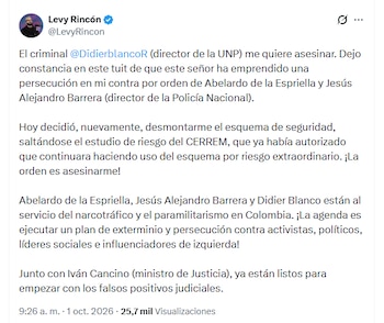 Levy Rincón aseguró que le quitaron nuevamente su esquema de seguridad - crédito @LevyRincon/X
