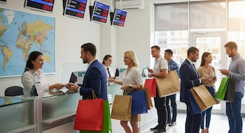 Mujeres y hombres turistas con bolsas de compra en una oficina de cobro. Una empleada atiende a un cliente. Al fondo, un mapa mundial y pantallas de cambio.