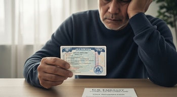 Hombre de mediana edad sostiene un documento de visa laboral estadounidense falso y tiene la mano en su rostro; en la mesa hay un documento de información consular.