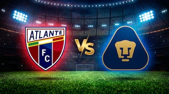 Escudo del Atlante FC y escudo de Pumas UNAM separados por la inscripción VS en un estadio de fútbol iluminado.