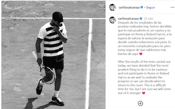 La publicación de Carlos Alcaraz para anunciar que renuncia a Roma y Roland Garros por lesión (Instagram)