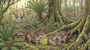 Tres mamíferos pequeños con sus crías en el suelo boscoso y dos dinosaurios entre árboles y helechos en el fondo.