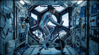 Un astronauta pedalea en una bicicleta estática dentro de una nave espacial, con una superposición translúcida que muestra su esqueleto y músculos.