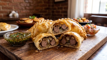 Empanadas de lomo en una tabla de madera, algunas cortadas mostrando relleno de carne y cebolla. Se aprecian cuencos con chimichurri y pico de gallo.