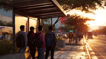 Adolescentes con mochilas esperando el transporte público en una parada. — (Imagen Ilustrativa Infobae)