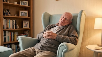 Hombre mayor calvo duerme en un sillón azul claro con las manos entrelazadas. Se ve una estantería con libros y fotos, y una lámpara encendida al lado.