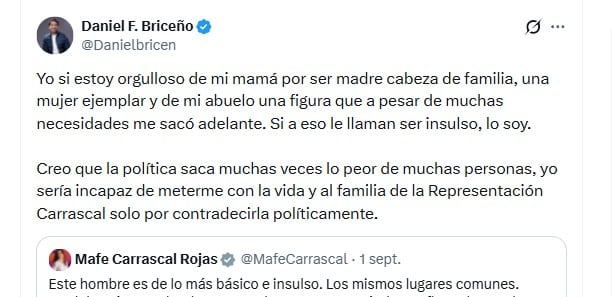 Daniel Briceño aseguró que no utilizaría la vida personal o familiar de un adversario como argumento para enfrentar una diferencia política - crédito @Danielbricen/X