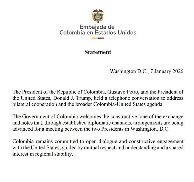 La Embajada colombiana en Estados Unidos celebró el acercamiento entre los presidentes Petro y Trump, luego de la tensión entre ambos tras el ataque a Venezuela - crédito Embajada de Colombia en Estados Unidos