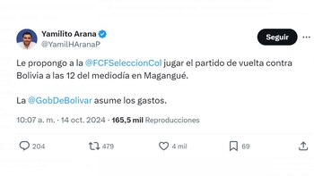 Con este mensaje, el gobernador de Bolívar, Yamil Arana, dio a conocer la propuesta para cambiar la sede de la Selección Colombia - crédito @YamilHAranaP/X